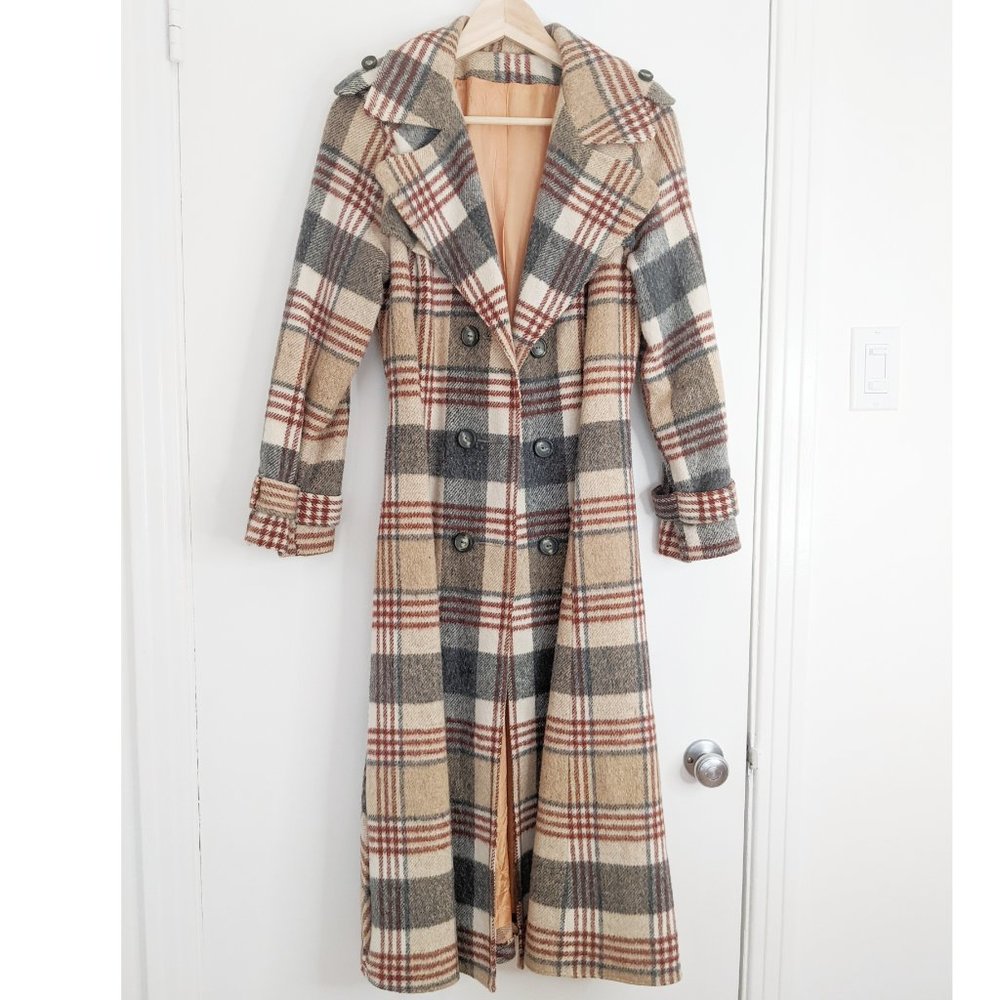 Vintage plaid maxi double breasted trench wool coat - Picture 5 of 11